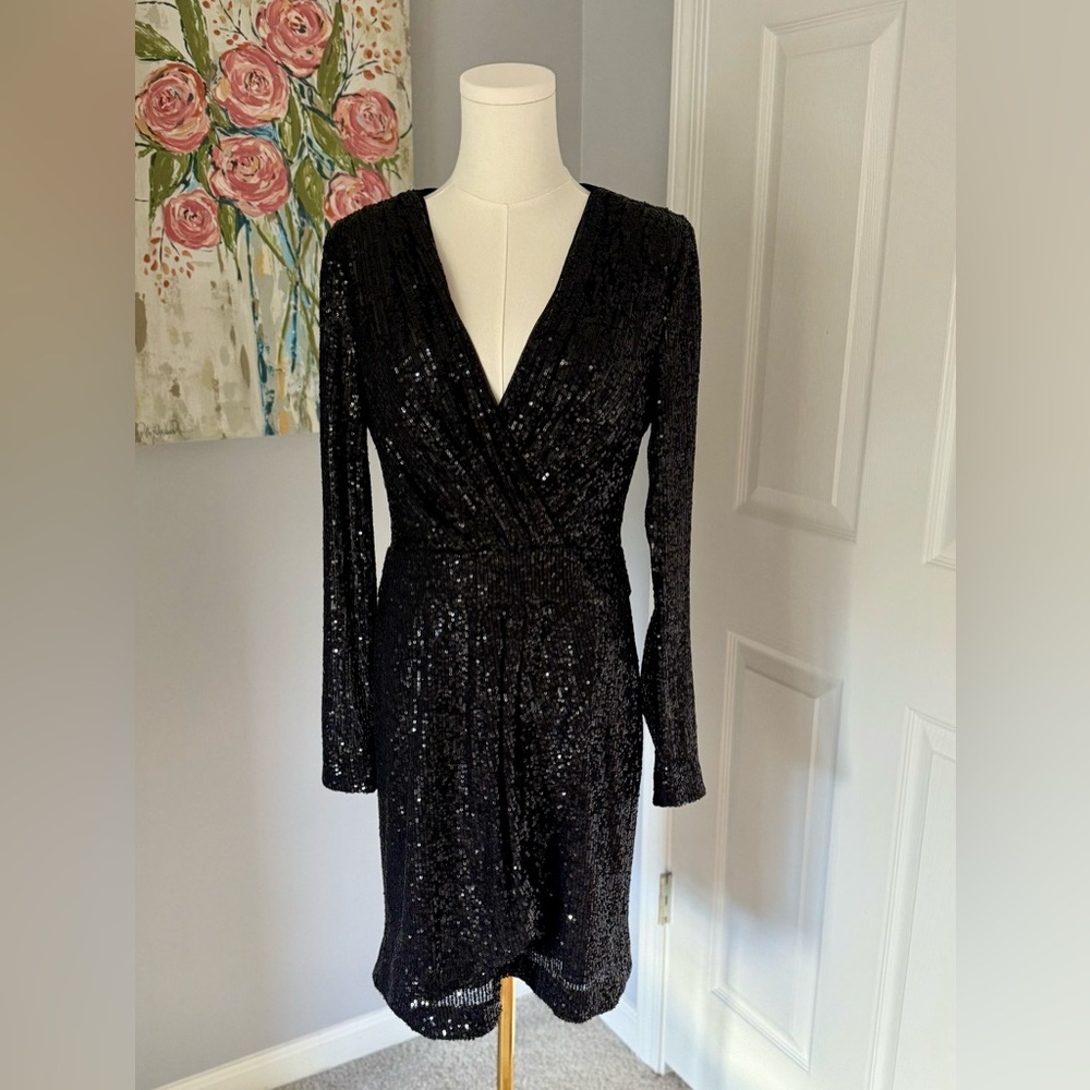 Donna Morgan Sequin Faux Wrap Holiday Dress - Size 8